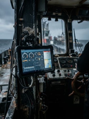 Close-up of a ruggedized Android tablet running technical telemetry software, mounted securely inside a tugboat cockpit, overcast maritime daylight, high-contrast cool tones.