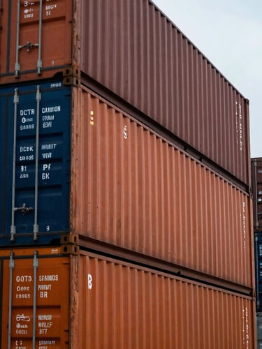 Close-up of industrial shipping containers stacked high in an overcast shipping yard, dramatic low-light port environment, sharp focus.