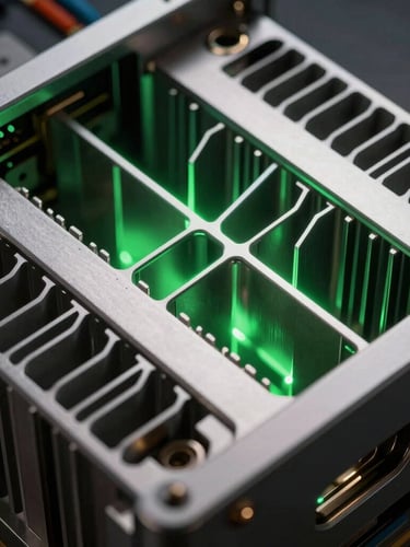 Extreme close-up of high-performance server hardware, metallic heat sinks under low-key studio lighting with sharp green neon glows, high-density technical details.