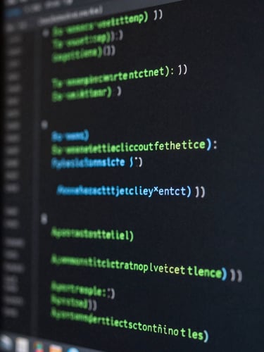 Macro shot of clean code on a high-density display with subtle green LED glows in the dark background, sharp focus, technical atmosphere.