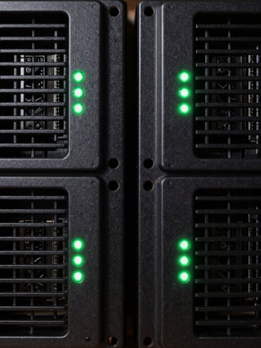 Symmetrical macro shot of high-end server hardware, dark metallic surfaces with sharp green LED operational indicators, low-key studio lighting.