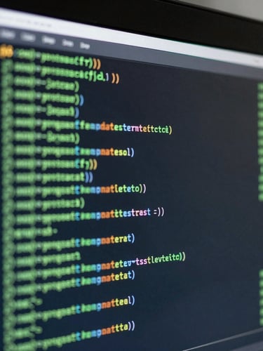Macro shot of clean system code on a high-density display, illuminated by a subtle green ambient glow from server racks in the background.