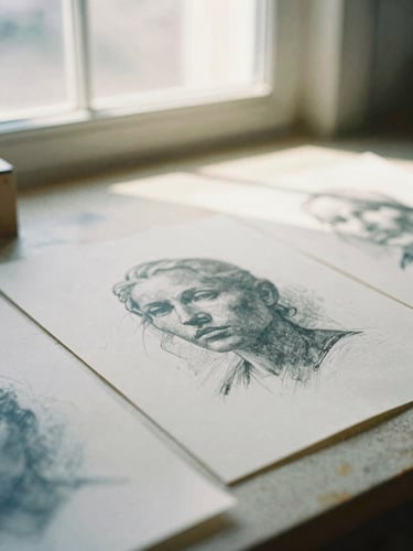 Soft diffused window light falling on physical art mediums, charcoal sketches, and textured paper on a studio table, warm editorial photography, 35mm
