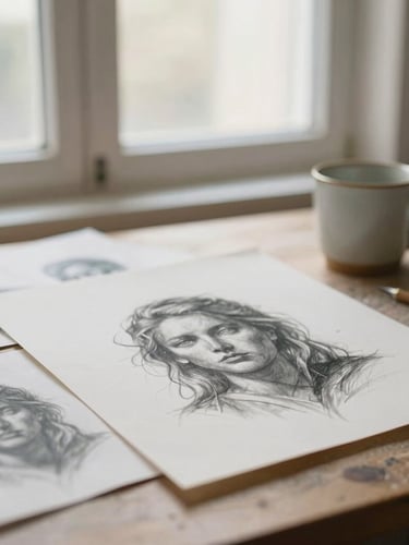 Soft diffused window light illuminating a quiet art studio desk with charcoal sketches, textured paper, and a ceramic cup, warm editorial photography, shallow depth of field, 35mm