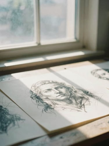 A quiet sunlit art studio with natural window light casting soft shadows on physical charcoal sketches and paper textures, warm editorial photography, 35mm