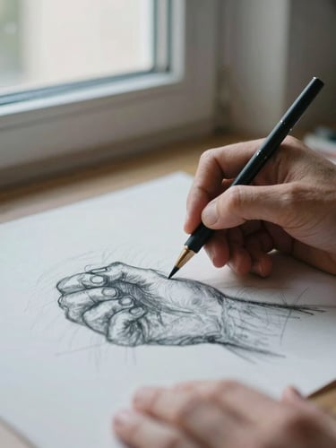 Soft window light illuminating hands sketching with charcoal on heavy textured paper, gentle blue and charcoal tones, shallow depth of field, 35mm photography.