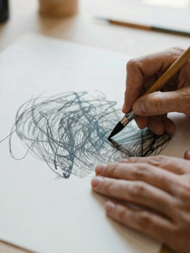 Close-up of hands working with physical art mediums, blending charcoal on heavy cotton paper, soft natural light, warm editorial style, shallow depth of field