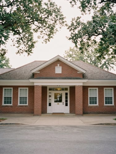 A quiet, wide environmental portrait of a historic brick community center, soft natural morning light filtering through mature trees, warm editorial 35mm film style.