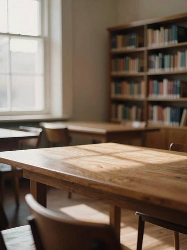 Muted tone photo of a serene, sunlit library room with wooden tables and bookshelves, soft natural window light, dignified atmosphere