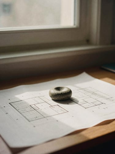 A quiet, sunlit workspace with architectural blueprints and a stone paperweight, warm morning window light, muted earth tones, 35mm film.