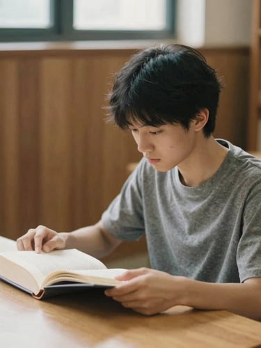 A focused student reading a book in a quiet, wood-paneled library, soft natural daylight, muted tones, shallow depth of field.