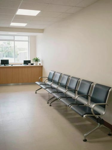 Wide shot of a quiet clinic waiting area during normal operation, chairs along the wall, a reception counter visible in the background, natural daylight from a wide window, no patients in gowns