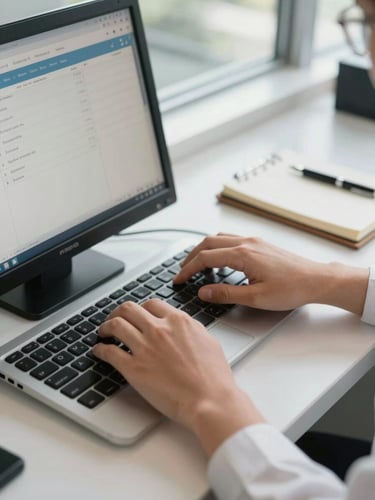 Close-up of a clinic receptionist's hands typing on a keyboard, appointment scheduling software visible on screen, natural daylight from a nearby window, desk surface with a notebook and pen