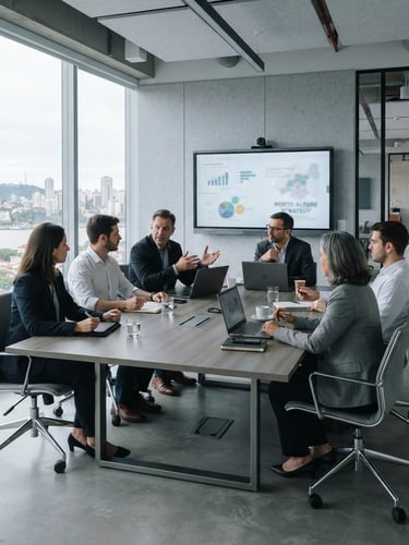 Medium-wide environmental shot of a bright, modern corporate boardroom in Porto Alegre, executives in a collaborative strategy session, clean gray tones, soft cool daylight, 35mm.