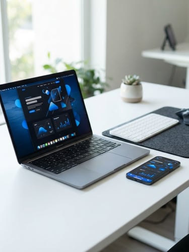 Minimalist high-tech workspace with a modern laptop and smartphone on a clean white desk, displaying a sleek website layout with electric blue accents, bright natural daylight, 50mm lens.