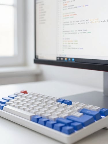 Macro shot of a modern workspace with a clean mechanical keyboard, a high-resolution display showing clean HTML and CSS code, soft natural window light, professional digital studio