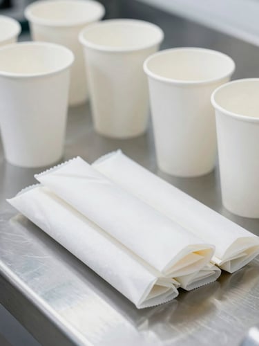 Close-up of custom-printed paper cups and grease-resistant sandwich wraps on a clean stainless steel inspection table, bright daylight, sharp focus.
