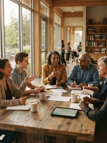 Warm editorial photograph of local civic leaders collaborating around a wooden table in a sunlit, newly built community center, 35mm film look, natural golden-hour daylight.
