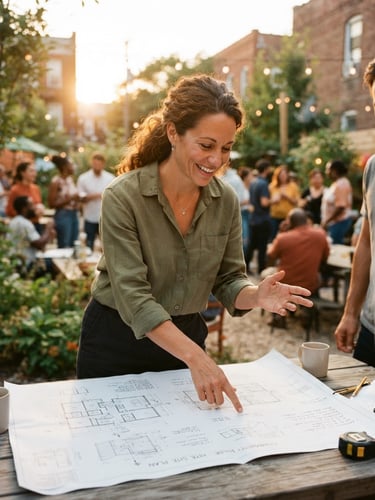 Candid environmental portrait of a local female community organizer in warm natural golden-hour daylight, reviewing architectural plans for a community hub, 35mm film look.