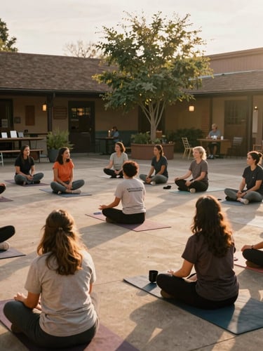 A warm, sunlit community center courtyard where local health advocates are hosting an outdoor wellness workshop, soft golden-hour sun, candid environmental framing, 35mm film look.