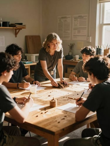 Candid medium-wide environmental photo of local business mentors and students collaborating over a wooden table in a sunlit workshop, warm natural golden-hour light, rich earthy tones, 35mm film look.
