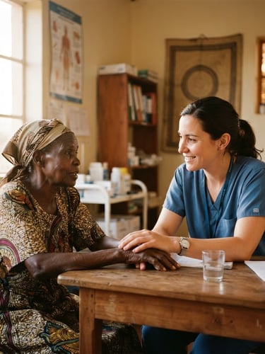 A quiet, respectful portrait of a local healthcare worker in warm, natural golden-hour daylight, talking with a community member in a bright, clean clinic room, candid 35mm film look.
