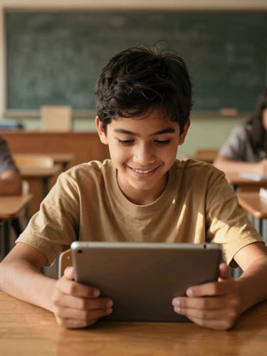 Candid environmental portrait of a young student smiling while using a digital tablet in a warm, sunlit classroom, rich earth tones, 35mm film look.