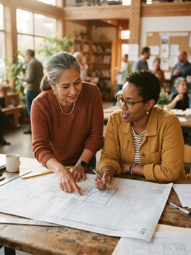 Candid environmental portrait of two local community leaders collaborating over architectural blueprints in a sunlit, warm community center, soft golden-hour daylight, rich earthy tones, 35mm film look