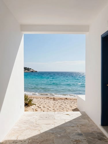 Panoramic view of a sunlit stone path leading to a pristine beach in Pula, clear turquoise water, bright Mediterranean sky