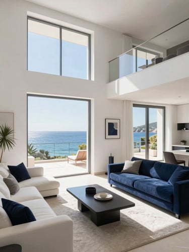 Bright architectural photography of a modern Sardinian apartment interior, sunlit white living room with deep navy accents, large window overlooking the Mediterranean sea, high-end editorial style, 35mm lens