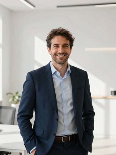 Approachability portrait of founder Nicola Erbì smiling in a bright modern office in Cagliari, professional attire, soft natural light