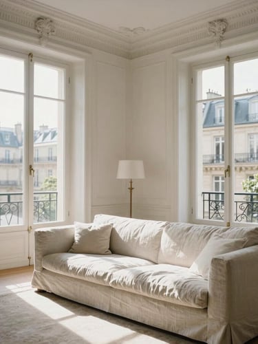 Portrait shot of a bright, sunlit Parisian apartment salon, high ceilings, elegant crown molding, natural light streaming through large windows, freshly pressed linen on a minimalist sofa.
