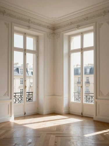 Bright, sunlit interior of a Parisian luxury apartment, high ceilings, elegant moldings, soft natural light pouring through large windows, minimalist design.