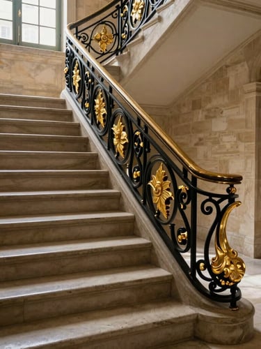Un escalier d'honneur en pierre de taille baigné de lumière naturelle, rampe en fer forgé noir et détails dorés, cadrage vertical élégant, ambiance de hall d'entrée parisien de grand standing.