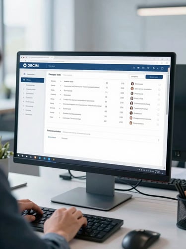 A professional CRM consultant working with a clean dashboard interface on a modern monitor in a bright office, shallow depth of field, cool blue tones.