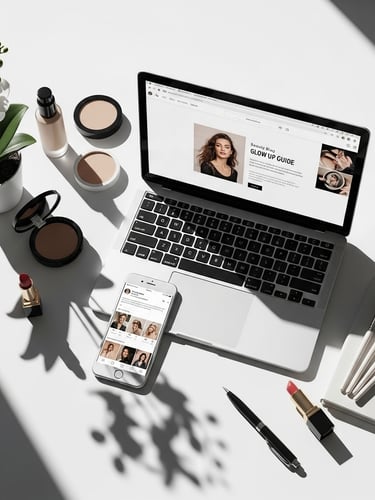 Flat lay of a laptop displaying a beauty blog next to makeup products, brushes, and a smartphone on a white desk.