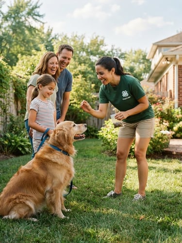 Candid photo of a smiling volunteer in a green shirt helping an Indiana family train their golden retriever in a sunny backyard, 35mm, warm natural light.