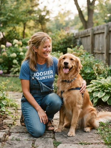 A warm 35mm portrait of a local Indiana volunteer smiling next to a golden retriever in a sunlit backyard, eye-level, natural daylight