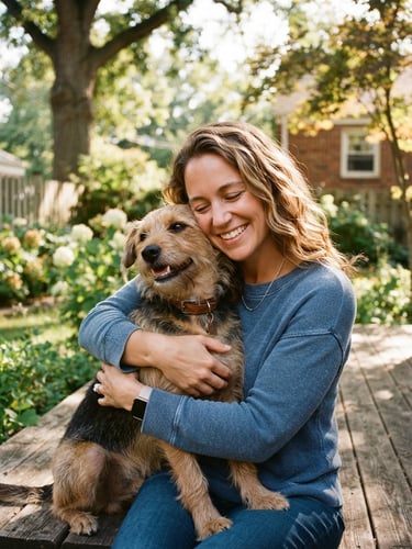 A warm, eye-level shot of a local Indiana pet owner smiling and hugging their healthy mixed-breed dog in a sunny backyard, natural daylight, soft focus, 35mm