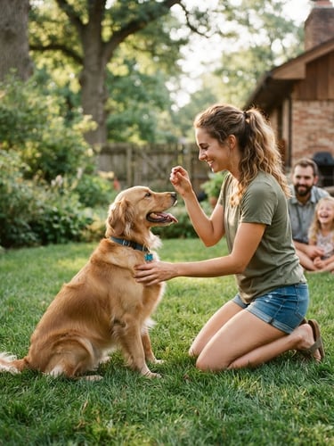 Candid eye-level shot of a local family training their golden retriever in a sunlit Indiana backyard, warm natural photography, 35mm
