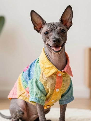 Portrait of a happy Mexican hairless dog wearing a custom colorful linen shirt, sitting comfortably indoors, bright editorial pet photography, warm natural daylight, soft-focus background