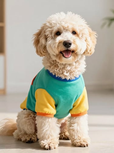 Bright editorial pet photography, warm natural daylight, a happy fluffy dog sitting comfortably wearing a colorful handmade teal shirt, clean soft-focus background, 50mm portrait lens