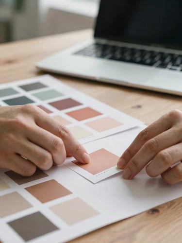 Close-up of a designer's hands arranging printed brand colour swatches on a studio worktable, muted bone and terracotta paper tones, diffuse north-facing light, out-of-focus laptop in the background