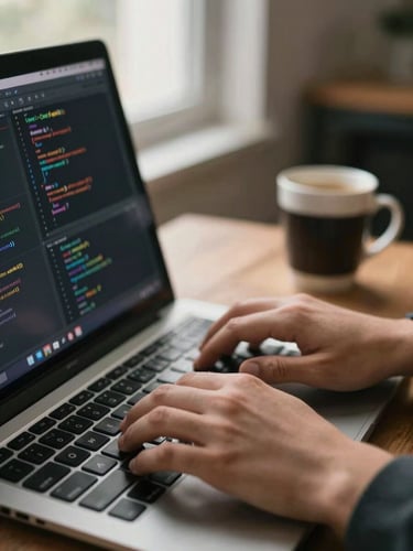 Close-up of hands on a keyboard, one person typing code on a dark editor screen, warm side light from a window, a coffee cup blurred in the background, Sant Celoni studio context, matter-of-fact daylight, no faces visible