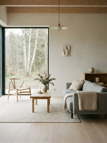 Wide architectural detail shot of a minimalist Scandinavian living room, soft diffused natural daylight, desaturated neutral tones, clean lines, 35mm.