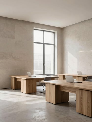 An elegant Scandinavian office interior with minimalist oak furniture, desaturated neutral stone walls, soft diffused daylight streaming through a large steel-framed window, 35mm architectural photography
