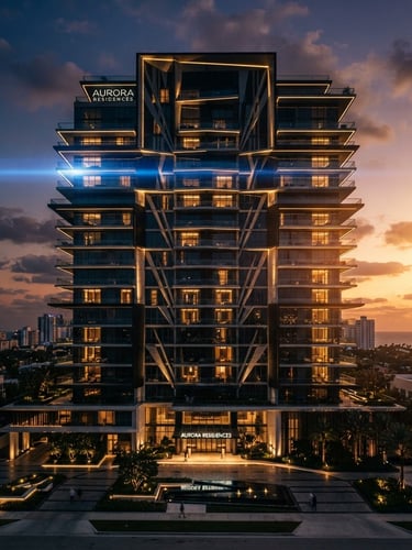 Fachada arquitetônica imponente de um empreendimento de luxo ao pôr do sol, luz dramática e sombras profundas, flare de lente anamórfica, 16:9 widescreen.