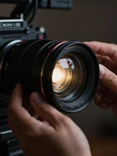 Close-up de mãos ajustando um anel de foco em uma lente de cinema, com iluminação dramática e reflexos de luz, foco na precisão técnica, 35mm anamorphic lens.