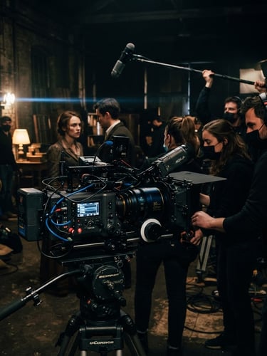 Equipe de produção cinematográfica em locação, câmera de cinema high-end em primeiro plano, iluminação dramática de baixo contraste, flare de lente anamórfica, 35mm anamorphic lens.