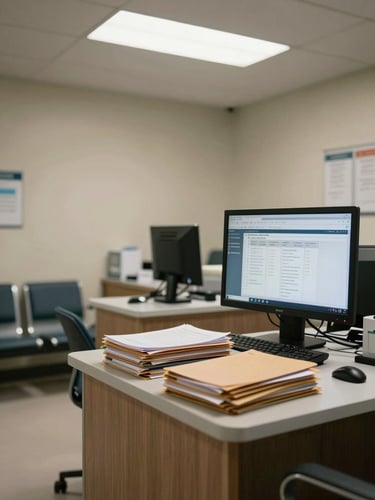 Wide medium shot of a small medical practice front office — intake desk with a monitor showing a claims queue, overhead fluorescent lighting, stack of patient folders on the corner of the desk, empty waiting chairs visible to the left, neutral clinical walls